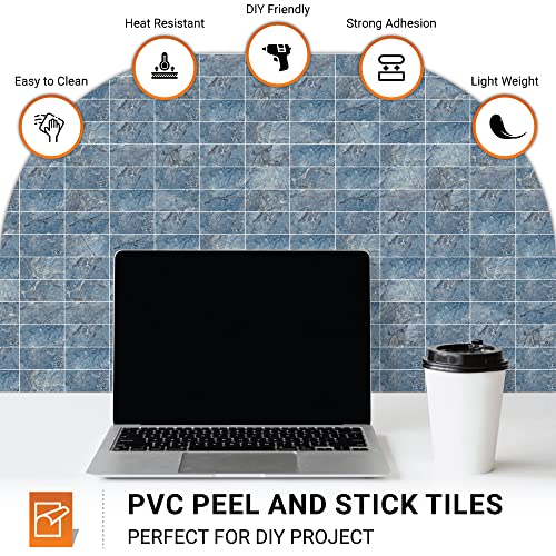 Milesun 100 Piece Peel And Stick Pvc Backsplash Tile, 3 Inch X 6 Inch Marble Design Stick On Tiles For Backsplash Kitchen, Bathroom, Laundry Room, Camper, Fireplace (Blue Marble) #TOP2