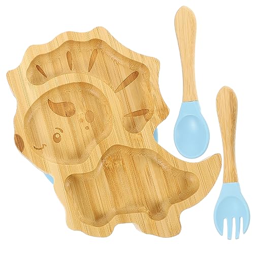 CIMAXIC 1Set Suction Plate Divided Plate with Fork Spoon Cute Dinosaur Design Dinnerware for Boys Easy to Clean