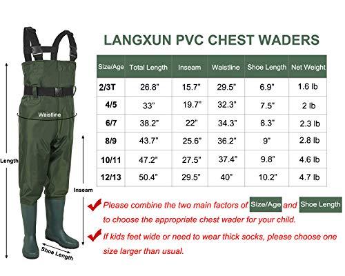 Langxun Chest Waders For Kids, Lightweight And Breathable Pvc Fishing Waders For Toddler & Children, Waterproof Hutting Waders For Boys And Girls, Age 8/9 Big Kid #TOP6