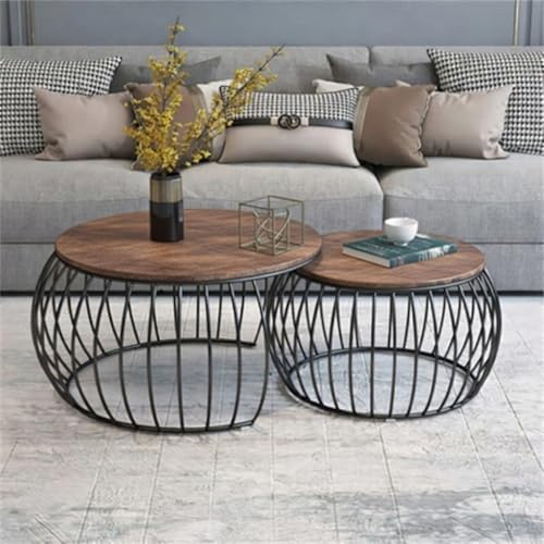 Image of Modern Coffee Tables Round Marble Laminated Tables Set of 2, Stacking Couch Center Table with Golden Metal Frame for Living Room, Bedroom or Apartments (Black Antique)