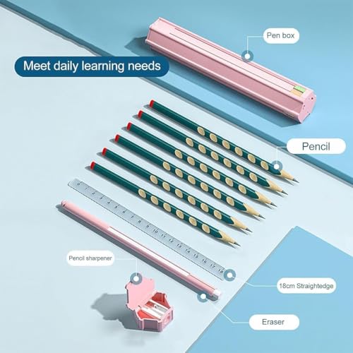 Image of Pencil Case /Stationery Box,1 Set Portable Pen Box with 6 Pencils 1 Eraser 1 Ruler 1 Sharpener Hexagon Multi-Functional Children Pencil Holder Case Container[Multicolor] (9 in1 Pencil case)