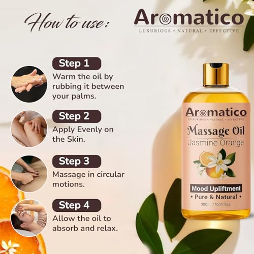 Image of AROMATICO Jasmine Orange Massage Oil. Soothing Aromatherapy Body Oil with Sweet Citrus & Floral Notes. Relaxing, Spa-Quality Formula for Stress Relief & Skin Hydration - 300ml