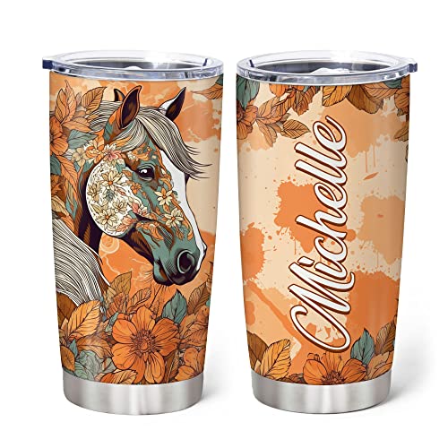 Hyturtle Personalized Gifts For Horse Lover - Horse Prints Custom Name Stainless Steel Tumbler 20oz With Lid - Idea Farm Animal Lover Gifts For Women Girl On Birthday, Christmas