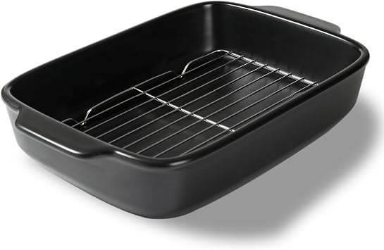 Ceramic Baking Dish with Rack, 13x9" Roasting Pan, Bakeware Dish, Black