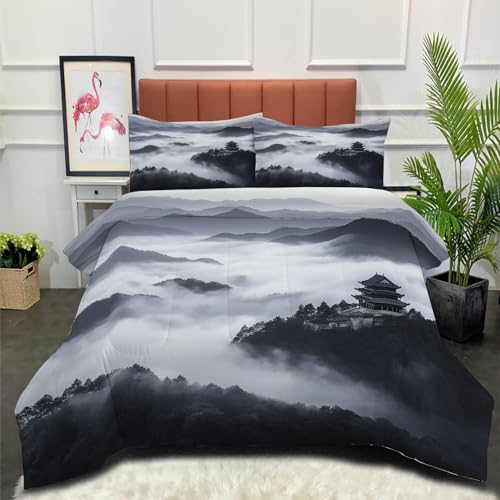 Edredón Relleno Nórdico 4 Estaciones Cama 150 220x240cm - Edredón Valle Brumoso Nórdico de Fibra Pintura De Paisaje China Suave Transpirable para Invierno, Primavera y Otoño, En Blanco Y Negro