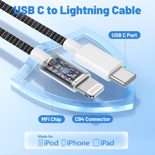 Image of USB C to Lightning Cable 2Pack 6FT+10FT,[Apple MFi Certified] Nylon Braided iPhone Fast Charging Cable, Power Delivery Charging Cord for iPhone 14 13 12 11 Pro Max /XS /Max /XR /8 /7,Pad Air /Pro,Black