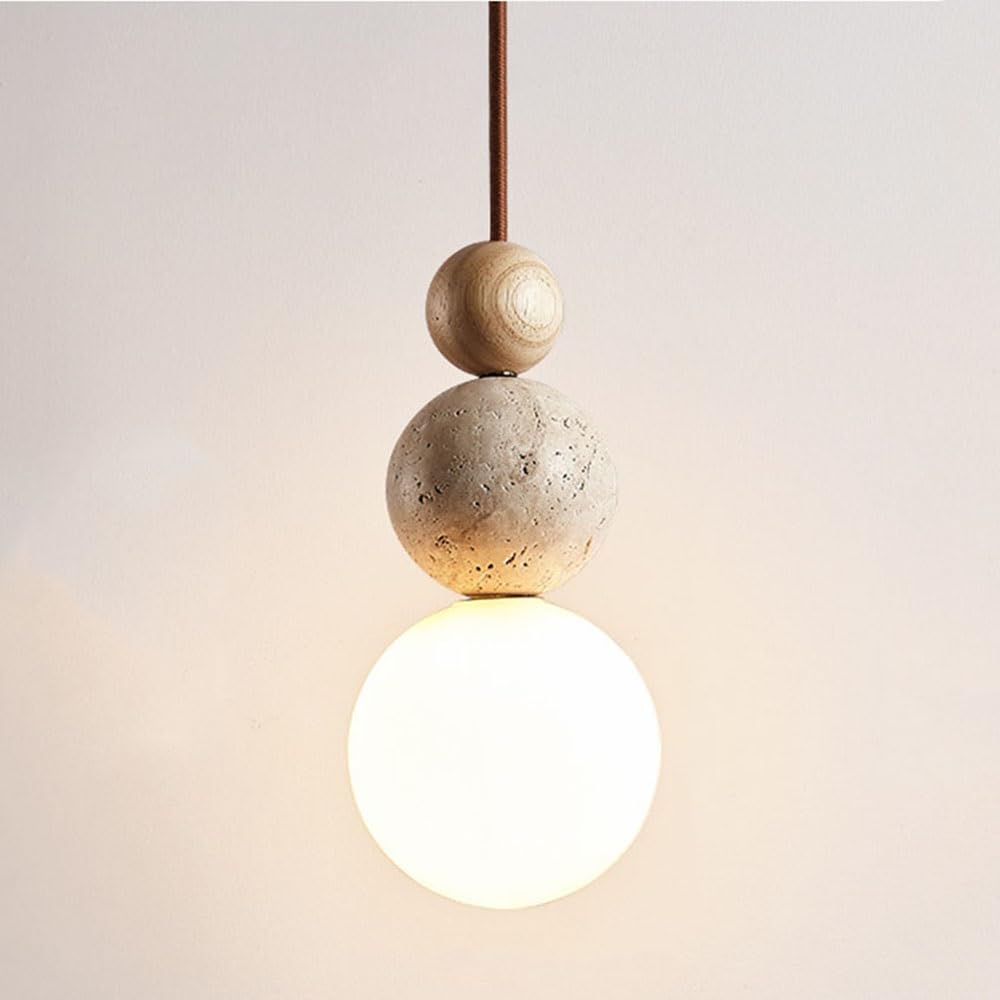 LYMSXAZOU Modern Japanese Travertine Globe Pendant Light Minimalist Wood and Accent Chandelier with Glass Shade Design Decor Ceiling Hanging Lamp for Dining Room Living Bedroom(Wood)