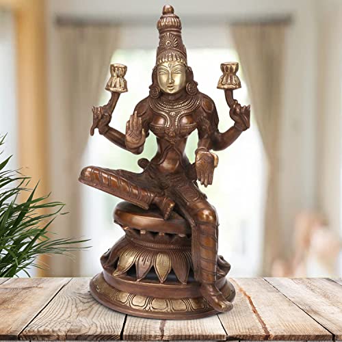 Kartique Latón ídolo Murti de Laxmi en pedestal de loto | Laxhmi Padmavati Staue | Decoración del hogar | Color bronce | Altura 12 pulgadas
