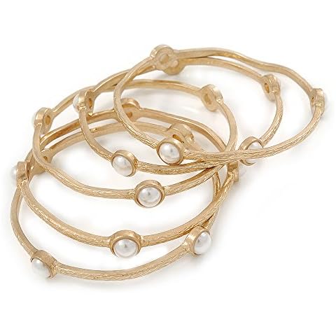 Avalaya Off Round Etched Gold Tone with White Glass Pearls Bangles - Set of 5 Pcs Cover