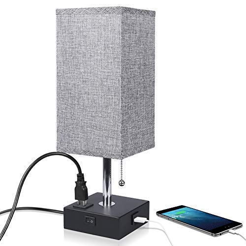 Nightstand Lamp Built in USB Charging Port & Power Outlet, Grey Square Fabric
