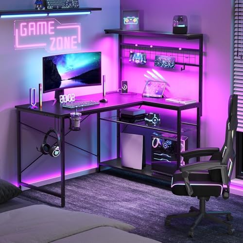 Bestier 42 L Gaming Desk,Computer Desk with Power Outlets, LED Lights, Reversible Corner Desk with...