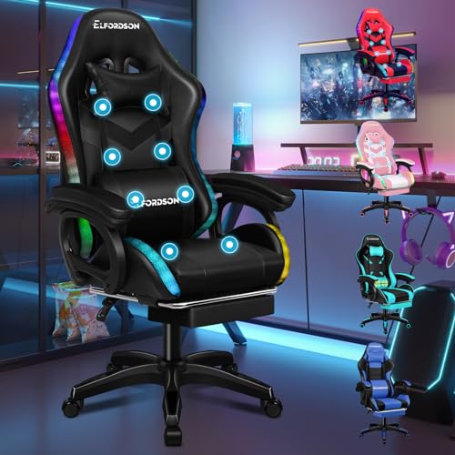 ELFORDSON LED Gaming Chair with 8-Point Massage, Swivel Office Chairs with Head Pillow Lumbar...