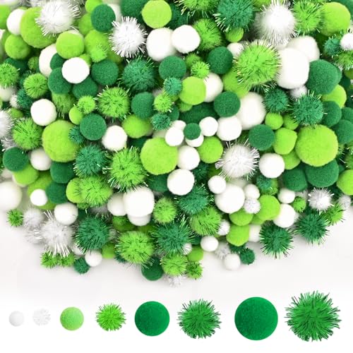 CHRORINE 1200 Pcs Pom Poms for Crafts Sparkly Assorted in 4 Sizes Pom Poms Bulk Essential for Arts DIY and Holiday Decorations (Green Series)