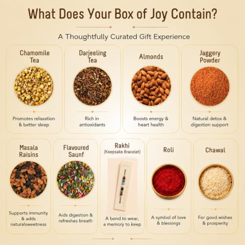 Image of OH CHA - NOOR Luxury Rakhi Gift Box for Brother | Contains 7 CHAKRA Rakhi (7 Stones), 6 Assorted Items in Borosilicate Glass Tubes - Chamomile Tea, Darjeeling Tea, Jaggery Powder, Almonds, Flavoured Saunf & Masala Raisins + Stainless Steel Infuser, Roli Chawal | rakhi gift hamper for brother | Rakshabandhan Gift