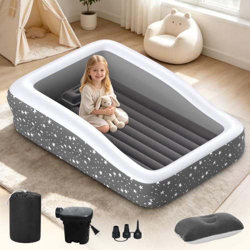 Image of Toddler Air Mattress Inflatable Kids Bed Blow Up Travel Mattress Rails Grey | 4-Sided Safety Rails, 30% Thicker Puncture-Resistant PVC, 20S Fast Inflation, Indoor & Outdoor Kids Bed with Pump & Pillow