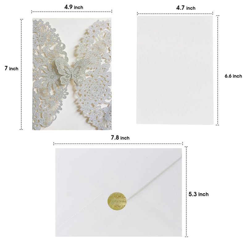 Hochzeitskarte 20 Set Schmetterling Einladungskarten Spitze Hochzeitseinladungen mit Umschlägen(Silver)