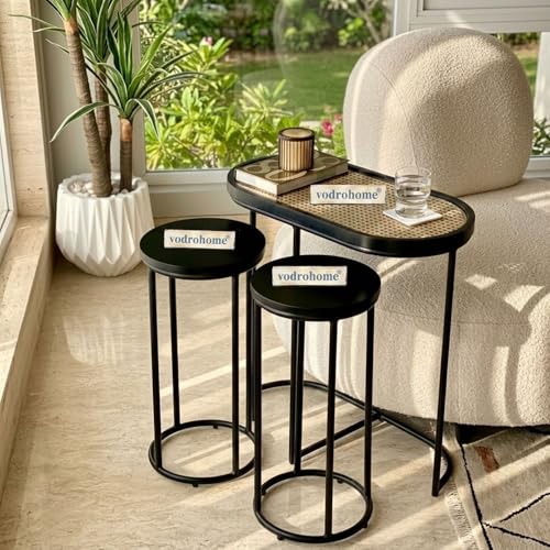 Image of Charcoal Rattan Cane Side Table with Glass top - Bohemian Solid Mango Wood Cane Iron Sofa Side end Table - Wood and Cane Nesting Table S#047 (Charcoal Black 2)