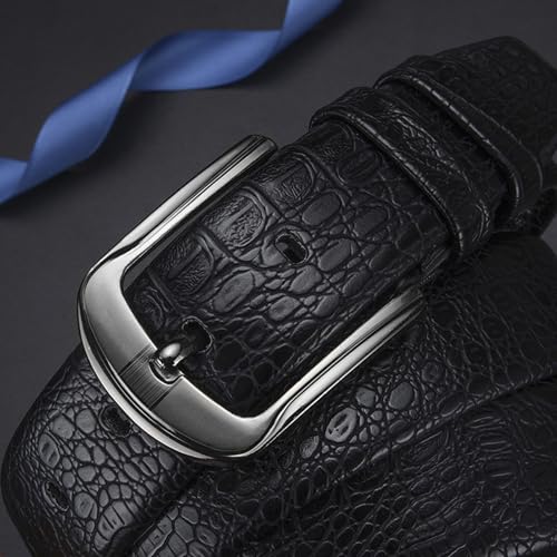 Embossed Belts for Men, Handmade Crocodile Pattern Leather Strap Classic and Fashion Designs Single Prong Buckle(120cm/waist:40"~42", Black)2