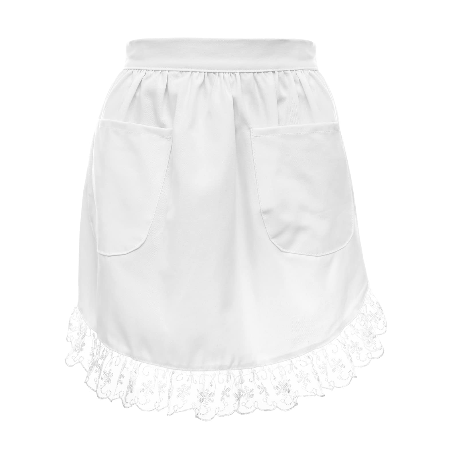 White Lace Cotton Waist Apron with 2 Pockets - Half-Length Frilly Apron for Women, Ideal for Kitchen, Cooking, Parties, and Waitress Use