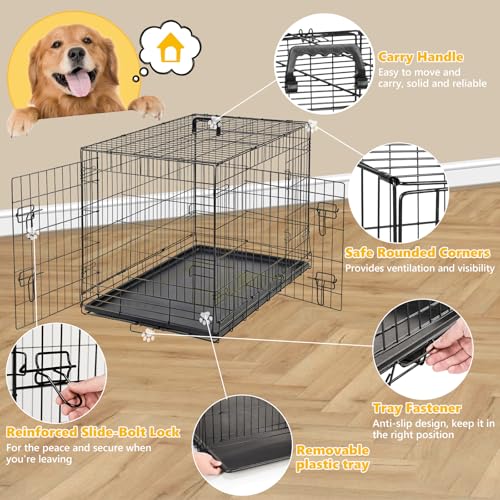 Image of Dog Crate - Medium 36 Inch Double Door Portable Dog Cage, Metal Wire Pet Kennel with Secure Lock, Leak-Proof Pan Tray, Foldable Design for Dogs Pets Indoor Training and Outdoor Travel