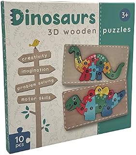 Happy Bear Wooden Dinosaur Jigsaw Puzzles for Ages 3-8, 2 Pack, Interactive and Educational Early Learning Toys for Preschool Kids with Colours, Numbers, and Stacking Play for Toddlers