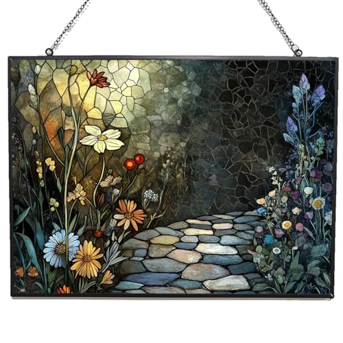 365CUSGIFTS Personalized Rectangle Vintage Wildflowers by Stone Path Suncatcher Stained Glass Stained Glass Window Hanging Home Decor Garden Halloween Christmas Wedding Housewarming Gifts