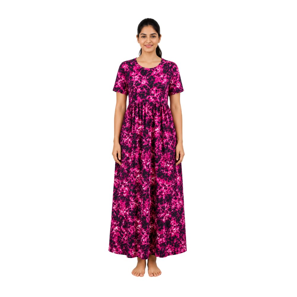 Full Length Casual Maxi Dress for Womens Night Dress | Printed Cotton Nighty Style Long Dress | Comfortable Kurthi Maxi with Pocket | Soft Lounge Wear House Dress