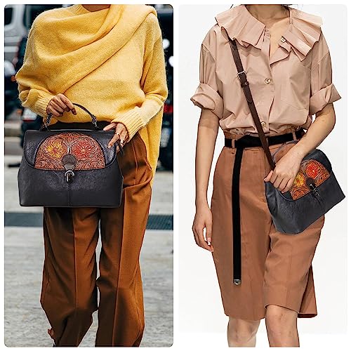 Image of Genuine Leather Satchel for Women Top Handle Bags Handmade Purse Vintage Embossed Leather Crossbody Handbags Hobo Bag