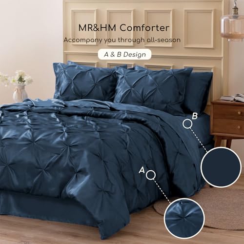 MR&HM Satin Comforter King 7 Pieces - Luxurious Pinch Pleat Bedding Set with Comforter, Flat Sheet, Fitted Sheet, Pillowcases & Shams, Super Silky Soft Bed Set for All Season (King, Mood Indigo)