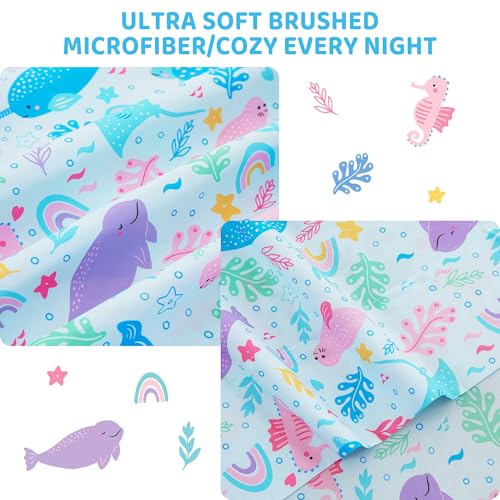 Image of Viviland 3 Pieces Girls Blue Marine Twin Sheet Set - Soft Microfiber Fitted Flat Sheets & Pillowcase Bed Sheet Set - Colorful Marine Animals Print Bedding Sets for Kids
