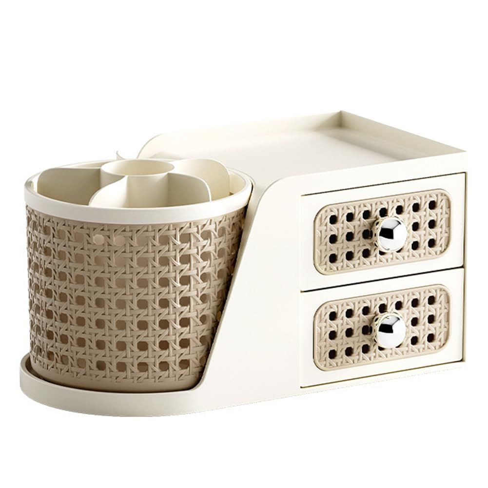 Aundhegrtt Rattan Desktop Storage Organizer Vintage Style Featuring Rotatable Pen Holder and Double Drawers, Cosmetic Stationery Box