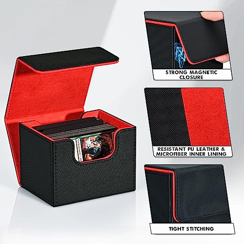 Image of ZLCA Card Deck Box for Trading Cards, MTG Commander Deck Box Holds 120+ Single Sleeved Cards, Leather Magnetic Card Storage Box Fits for Magic the Gathering TCG CCG (Black& Red)