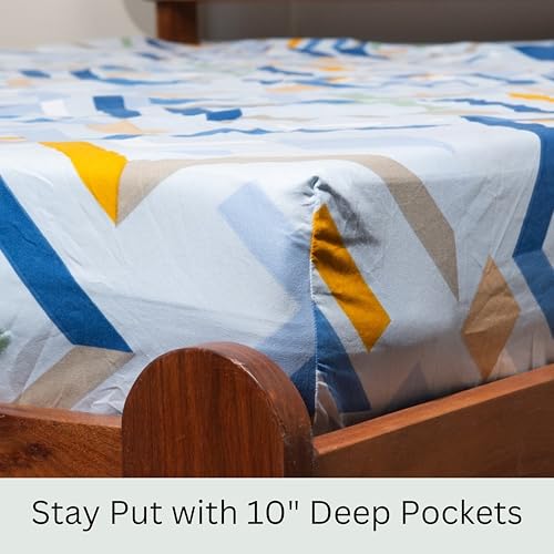 Image of Amazon Brand - Umi Cotton Fitted Bedsheet, Queen Size 78x60 Inches, Elastic Fit Bed Sheet, 10 Inch Deep Pocket, Soft Breathable Bedding, Durable Easy Care, with Pillow Cover-Prism Path