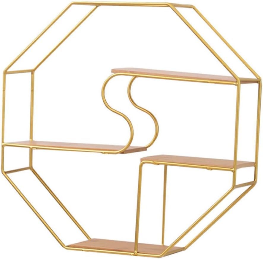 Decorative Storage Rack Wall Mounted Iron and Wood Golden