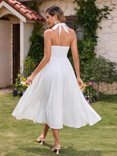 Image of Parthea Women's Gingham Halter V Neck Midi Dress Corset Smocked Sundress Flowy A Line Wedding Guest Dresses