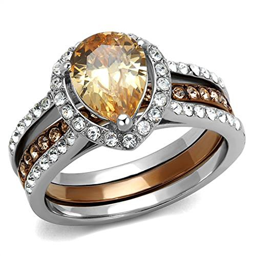 Marimor Jewelry 2.08 Carat Pear Cut Champagne Zirconia Two Toned Stainless Steel Wedding Ring Set