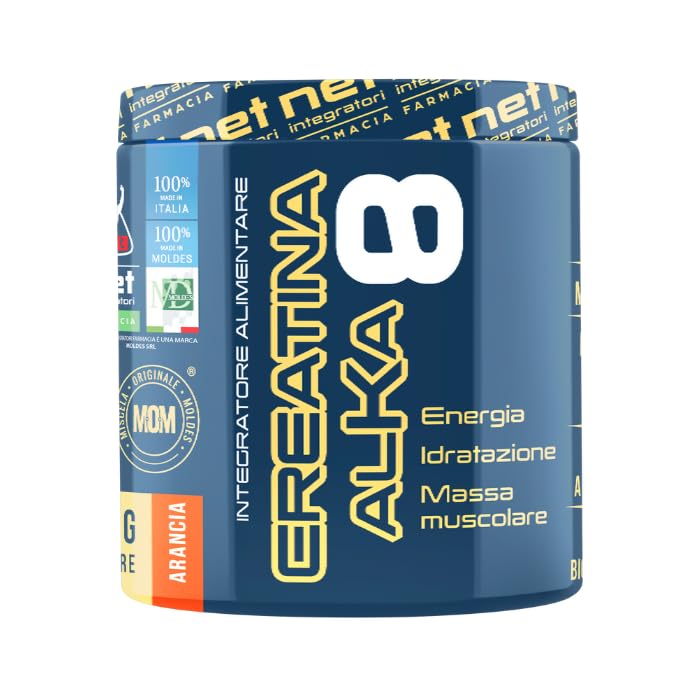 NET Integratori Farmacia Creatina Alka 8-200 g sabor naranja – Creatina monohidrata micronizada Clonapure – Pre-Post Workout para una rápida producción energética y crecimiento muscular