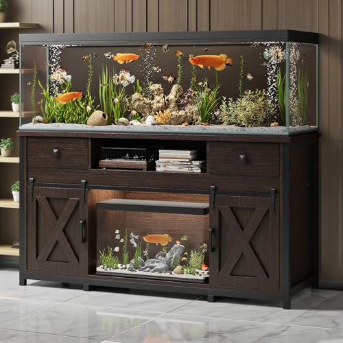 75-120 Gallon Aquarium Stand, Sturdy Aquarium Tank Rack with Power Outlet, Rustic Farmhouse Design, 1000-Pound Weight Capacity, Thick Solid Wood Construction,Walunt