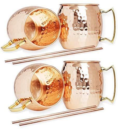 Hammered Moscow Mules Mug 560 ML/18 oz - Set of 4, Copper Plated (Free 4 pcs Wooden Coaster + 4 PCS copper straw)