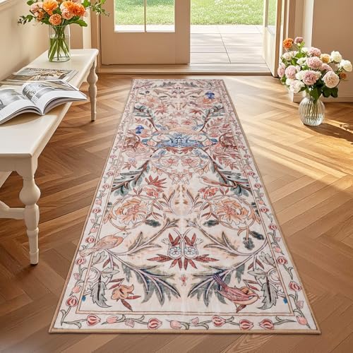 nesrt Jungle Runner Rug for Hallway 2x6, Botanical Washable Soft Boho Floral Kitchen Laundry Rug with Rubber Backing, Animal Low Pile Throw Carpet Runner for Entryway Bedroom Bathroom (Pink)