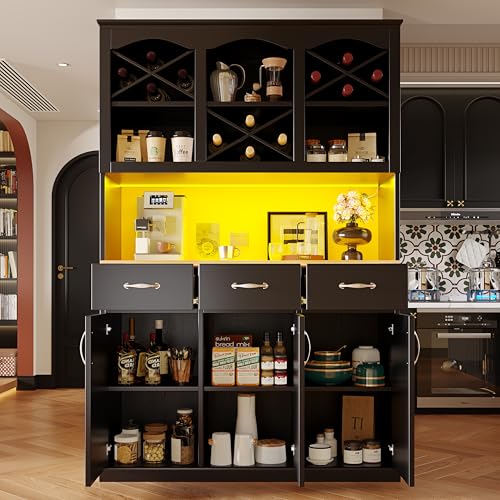 Oxtao Armario de cocina 120 × 40 × 180 cm, aparador con iluminación LED, colores de luz variables, armario buffet con tres puertas, tres cajones, armario alto cocina buffet, armario vitrina (negro-5)
