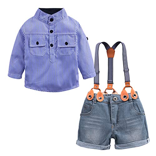 Image of MYGBCPJS 3Pcs Boy Handsome Outfit Set Plaid Shirt + T-Shirt + Suspender Jean Sets