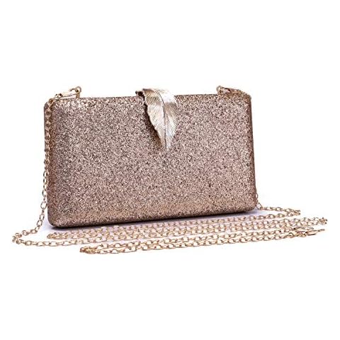 Elegant Shiny Glitter Wedding Party Bridal Evening Clutch Bag For Women with a Unique Metal Leaf Design Clasp (Rose gold) Cover