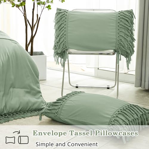 Image of Andency Full Size Comforter Set Sage Green, 3 Pieces Boho Tassel Lightweight Vintage Soft Bedding Comforter Sets, All Season Fluffy Fringe Bed Set (79x90In Comforter & 2 Pillowcases)