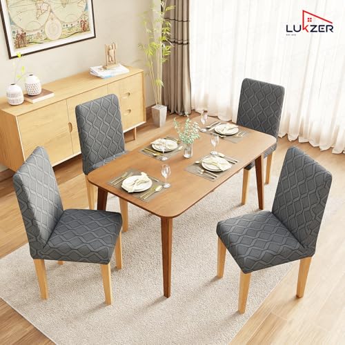 Image of Lukzer Elastic Dining Chair Cover - 4PC Pastel Dark Grey Diamond | Textured High Stretch Jacquard Seat Cover | Removable Washable Short Dining Chair Cover Protector Seat Slipcover | (CC-157-04)