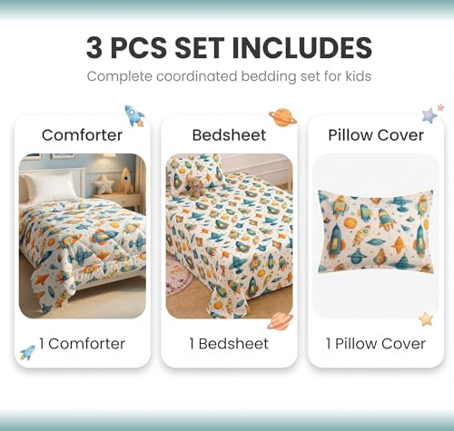Image of VAS COLLECTIONS Single Bed Comforter Set 220 GSM Microfiber | Ultra Soft AC Comforter with Flat Bedsheet (60x90 Inches) & 1 Pillow Cover | 3 Pc Bedding Set (Rocket Print) | 3 Pc Bedding Set