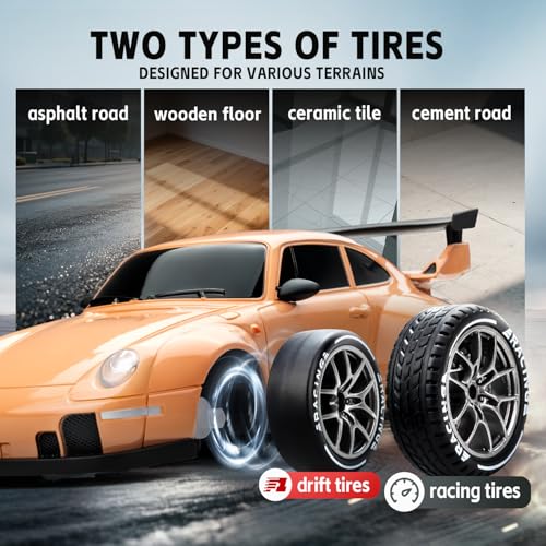 Image of RC Drift Car, 1:24 Scale 4WD High-Speed Flesh Pink Drift RC Car | For Adults Kids, 2.4GHz Remote Control Racing Toy Car with LED Lights, Extra Tires, Rechargeable Batteries & Traffic Cones