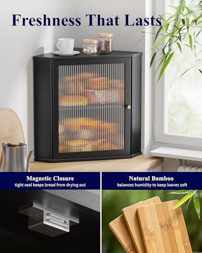 Kitsure-Wooden-Corner-Bread-Box-for-Kitchen-Countertop-Large-Black-2-Tier-Bread-Container-with-Magnetic-Acrylic-Door-Kitchen-Counter-Organizer-for-Snacks-Loaves-Homemade-Bread-Storage