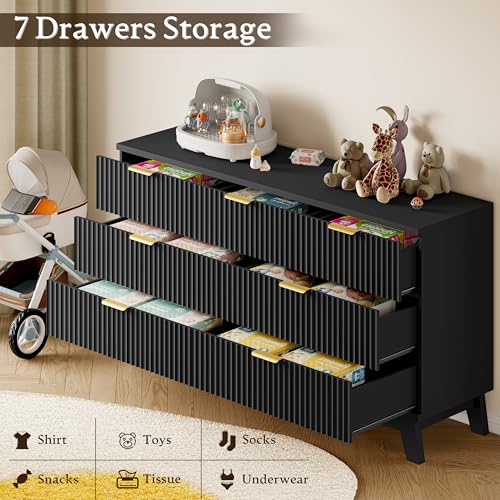 Image of BORNOON Fluted 7 Drawer Dresser, 47.2 inch Wide Modern Boho Chest of Drawers, Wooden Storage Dresser TV Stand for Bedroom, Living Room, Closet, Hallway, Curved Profile Design