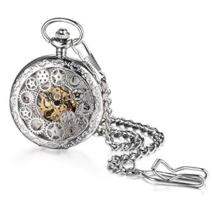 Avaner Steampunk Retro Half Hunter Copper Gear Skeleton Hand Wind Mechanical Roman/Arabic Numeral Analog Display Pocket Watch with 14″ Chain